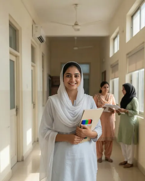 A B.Ed. trainee with her lesson-plan file in a college corridor