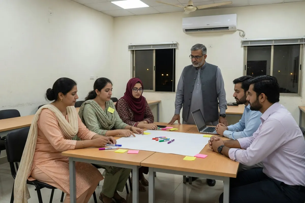 بی ایڈ کے طلبہ ایک ورکشاپ میں مل کر ایک سرگرمی کی منصوبہ بندی کر رہے ہیں