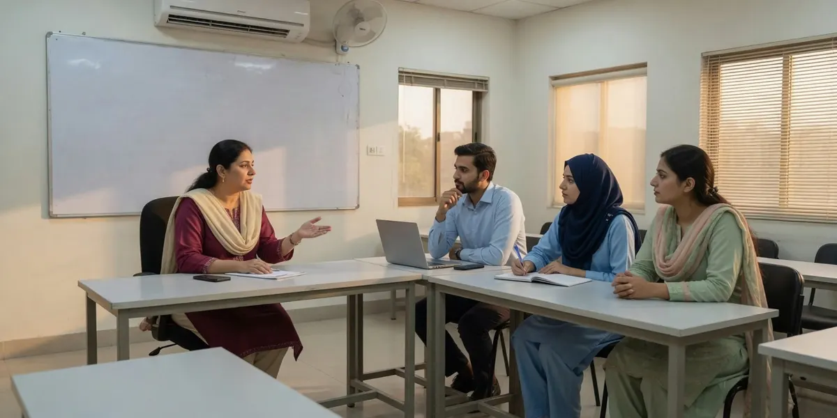 شام کی کلاس میں ایک لیکچرر میز پر بیٹھے بی ایڈ کے تین طلبہ کو ایک نکتہ سمجھا رہی ہیں