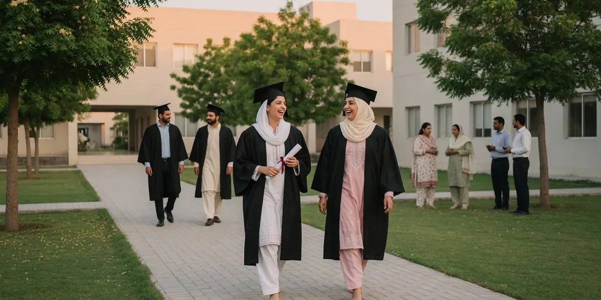 گاؤن پہنے بی ایڈ کے فارغ التحصیل طلبہ یونیورسٹی کیمپس میں چل رہے ہیں
