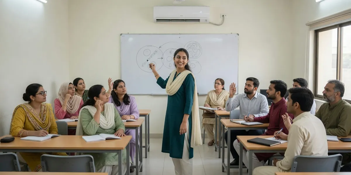 مائیکرو ٹیچنگ کے دوران بی ایڈ کی ایک زیرِ تربیت معلمہ اپنے ہم جماعتوں کو مختصر سبق پڑھا رہی ہیں
