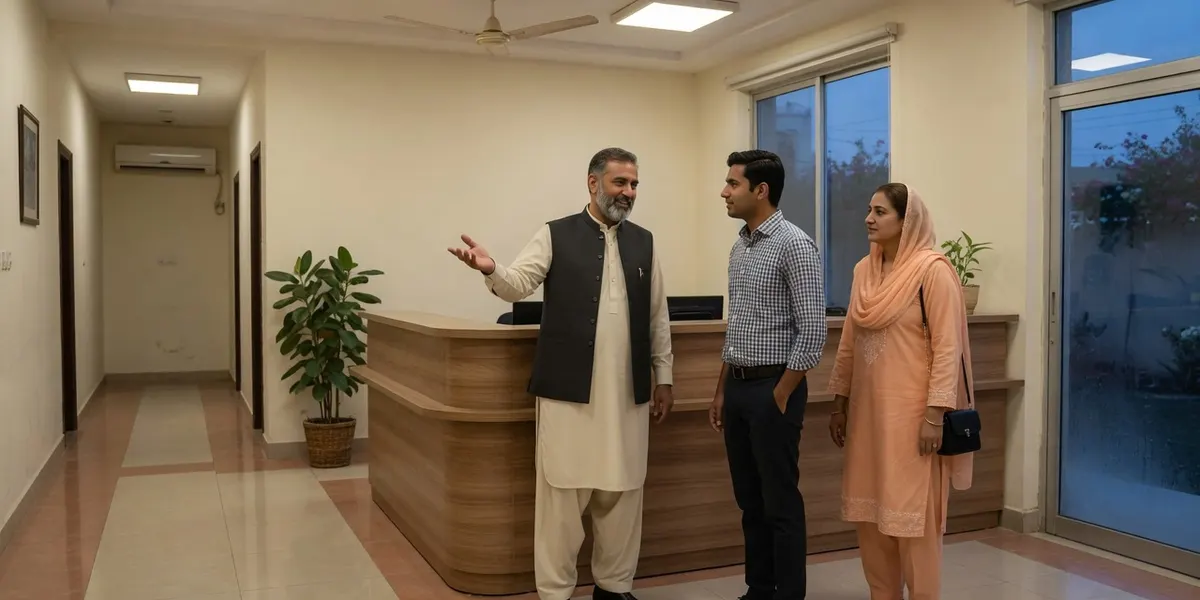 کالج کے استقبالیہ پر عملے کے ایک رکن آنے والوں کا خیرمقدم کر رہے ہیں